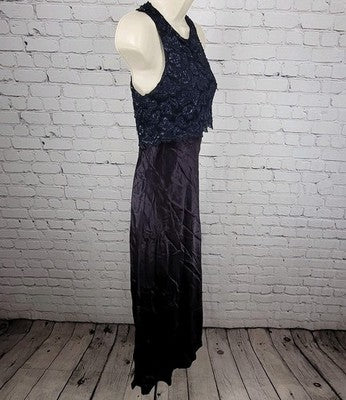 VTG Steppin Out Purple Satin Blue Lace Overlay Dress USA Made Size 3/4