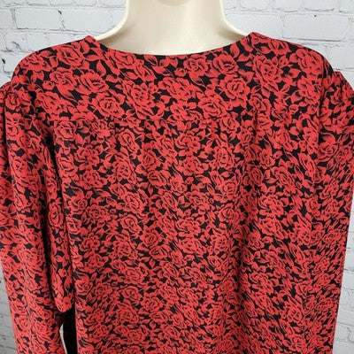 VTG Tandy Chez California Black Red Floral Lightweight Tunic Blouse Top USA 22W