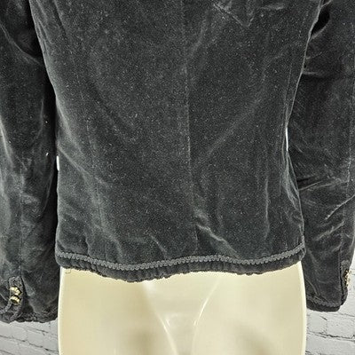 VTG The Villager Black Velvet Open Lined Intricate Trim Goth Collarless Jacket 4