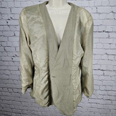 VTG Jones New York Green Beige 1 Button Collarless Padded Suit Jacket USA 16