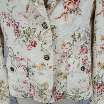Daslu Cream Floral 100% Cotton Textured Buttoned Notch Suit Jacket Brazil 40