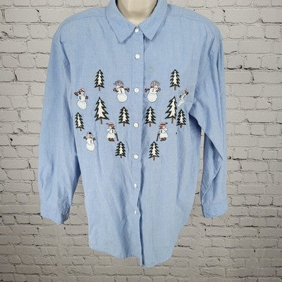 VTG Falls Creek Blue Snowman Embroidered Button Up Long Sleeve Shirt Top Medium