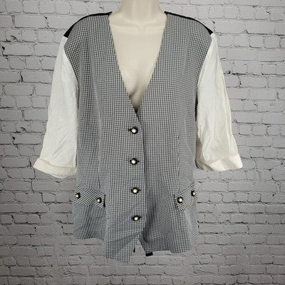 VTG Reina Black White Check Buttoned Lightweight Vest Jacket USA Made Size 24W