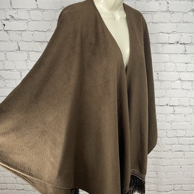 C.O.C. Brown Soft Fleece Cozy Open Wrap Tasseled Boxy Oversized Poncho Cape O/S