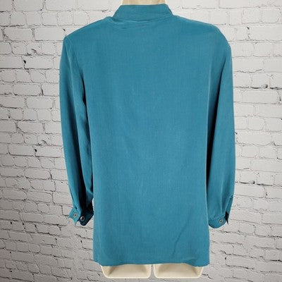 Jacqueline Ferrar Blue 100% Silk Button Up Long Sleeve Shirt Blouse Top XS