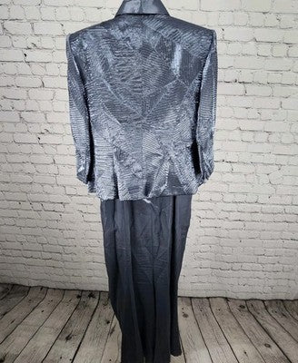 VTG Alex Evenings Blue Sheen 2 Piece Set Long Dress Jacket Outfit USA Medium M