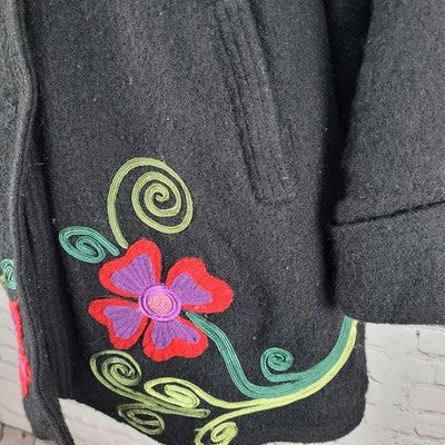 Carson Black 100% Wool Floral Applique Snap Closure Pockets Lined Coat Large L