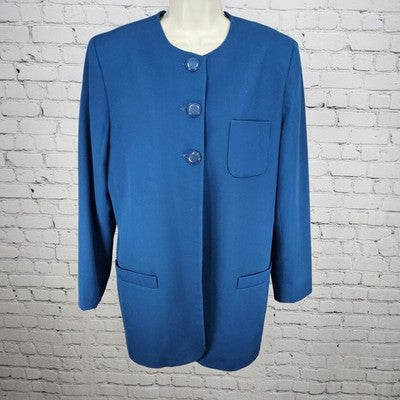 VTG Jones New York Suit Blue 100% Pure Wool 3 Button Collarless Jacket USA 12