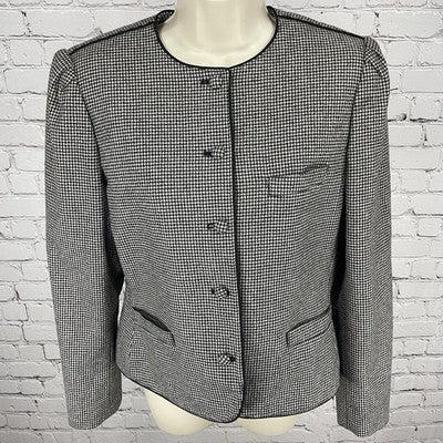 VTG Sasson Black & White Wool Blend Houndstooth Buttoned Jacket Size 12/13
