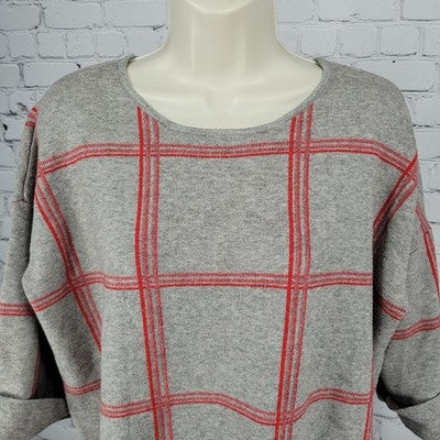 Tahari Grey Red Check 3/4 Cuffed Short Sleeve Pullover Lightweight Sweater 1X