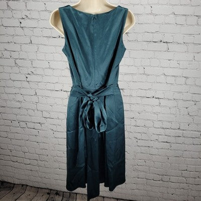 VTG Talbots Green Satin Sleeveless Pleated Tie Back Lined A Line Midi Dress 6