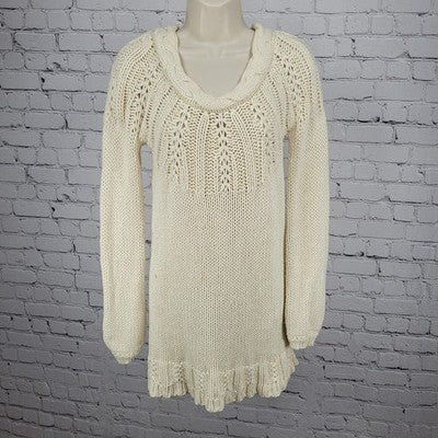 VTG Old Navy Ivory Wool Blend Chunky Open Knit Long Sleeve Sweater Short Dress S