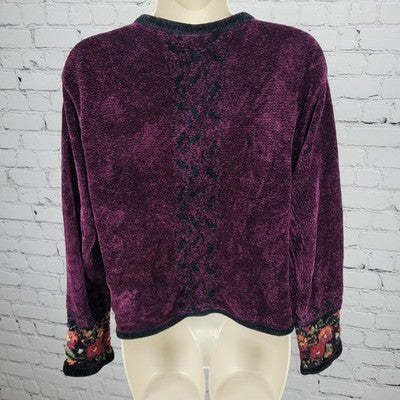Coldwater Creek Purple Velvet Floral Embroidered Full Zip Jacket Small S