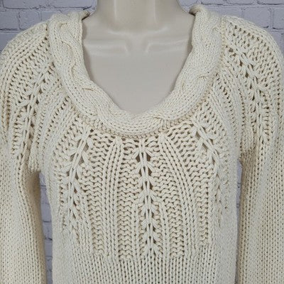 VTG Old Navy Ivory Wool Blend Chunky Open Knit Long Sleeve Sweater Short Dress S
