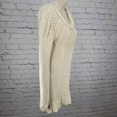 VTG Old Navy Ivory Wool Blend Chunky Open Knit Long Sleeve Sweater Short Dress S