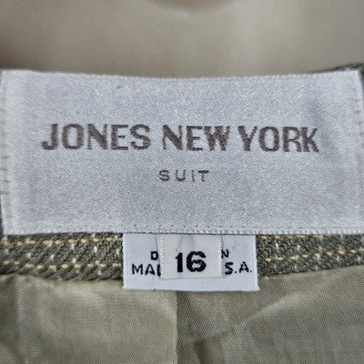 VTG Jones New York Green Beige 1 Button Collarless Padded Suit Jacket USA 16