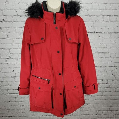 DKNY Red Faux Fur Trim Removable Hood Insulated Full Zip Jacket Medium M