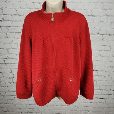 Petite Sophisticate Red Quilted Knit Full Zip Lightweight Unlined Jacket Size PL