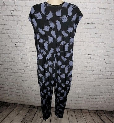 Leith Black Blue Print Plunge Tapered Leg Pockets 1 Piece Boho Outfit Jumper 1X