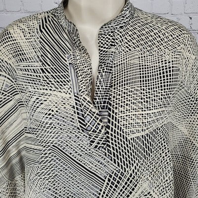 Josie Natori Beige Black 100% Silk Boxy Oversized Short Sleeve Top Blouse XS