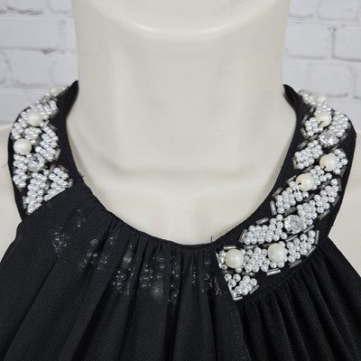 Cache Black Beaded Pearl Neckline Halter Sheer Drape Stretch Lined Short Dress 2
