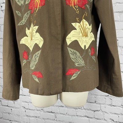 Hearts Of Palm Brown Floral Embroidered Buttoned Lightweight Jacket Size 8