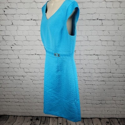Tahari Blue Cap Short Sleeve Gold Accents Lined Back Slit Sheath Dress Size 14
