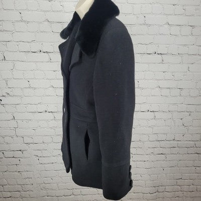Larry Levine Black Wool & Cashmere Rex Rabbit Fur Collar Pea Coat Size Small S