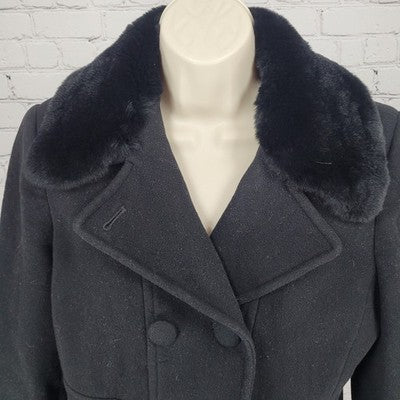 Larry Levine Black Wool & Cashmere Rex Rabbit Fur Collar Pea Coat Size Small S