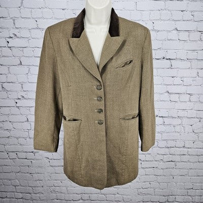J. McLaughlin Brown 100% Wool Velvet Peak Lapel Buttoned Lined Jacket USA 8