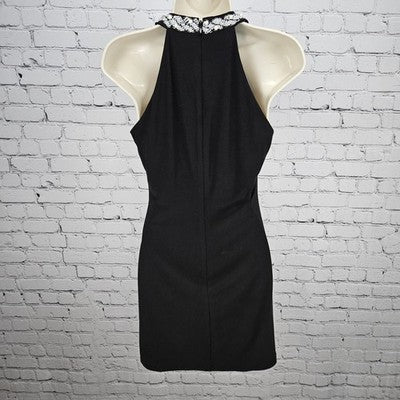 Cache Black Beaded Pearl Neckline Halter Sheer Drape Stretch Lined Short Dress 2