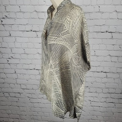 Josie Natori Beige Black 100% Silk Boxy Oversized Short Sleeve Top Blouse XS