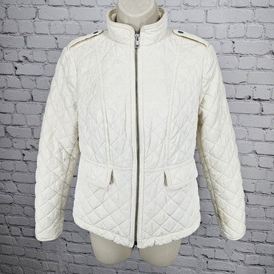 Talbots Ivory Quilted Insulated Lightweight Stand Up Collar Zip Jacket Petite