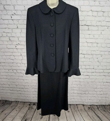 VTG Jones New York Black 100% Wool Midi Skirt Suit 2 Piece Set USA 10/12