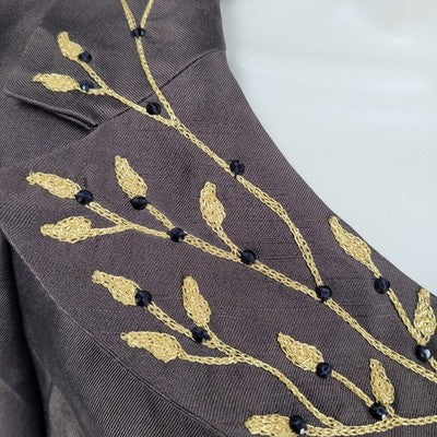 Jodi Brown Wool Silk Blend Gold Embroidered 3/4 Sleeve Buttoned Jacket Size 4