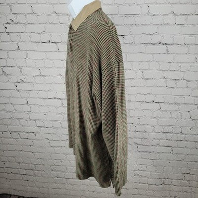 Sun River Green & Tan Houndstooth Cotton Long Sleeve Polo Shirt Size Large L