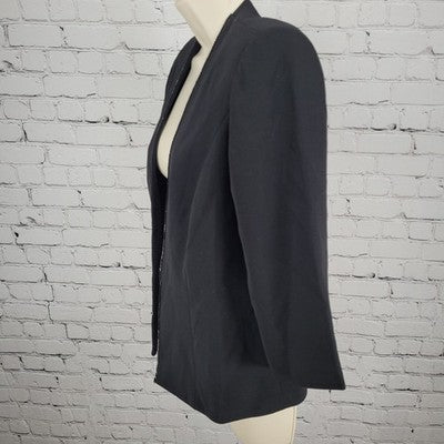 VTG Karen Miller Black Open Beaded Trim Collarless Lined Suit Jacket Size 8