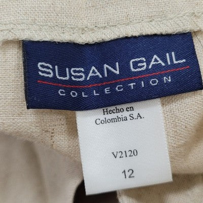Susan Gail Collection Beige Linen Blend Red Print Buttoned Wrap Unlined Skirt 12