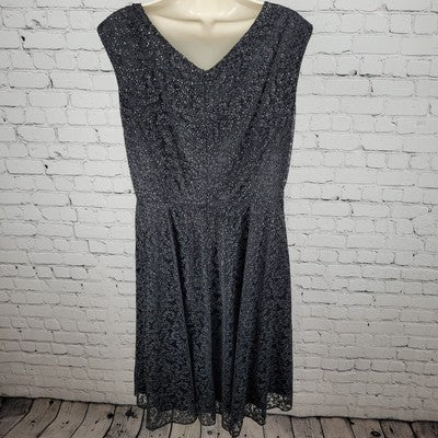 Tahari Black Sheer Glitter Overlay Sleeveless Fit & Flare Midi Dress Size 12