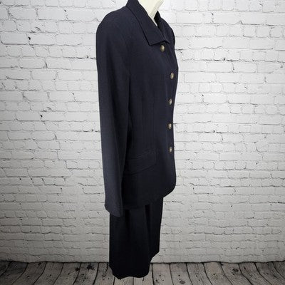VTG Jones New York Navy 100% Wool Full Skirt Jacket Suit 2 Piece Set USA 8/10