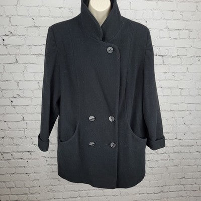 Herman Kay Black 100% Wool Double Breasted Buttoned Lined Pea Coat Size L/XL