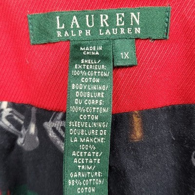 VTG Lauren Ralph Lauren Red Corduroy Collar Equestrian Print Lining Coat 1X