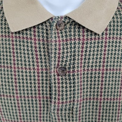 Sun River Green & Tan Houndstooth Cotton Long Sleeve Polo Shirt Size Large L
