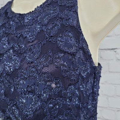 VTG Steppin Out Purple Satin Blue Lace Overlay Dress USA Made Size 3/4