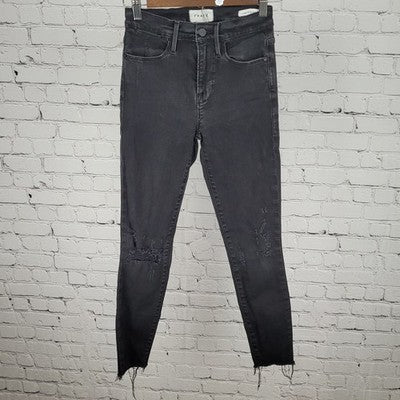 FRAME Black Le High Skinny Crop Brisbane Rips Stretch Jeans Size 24 (24x26)
