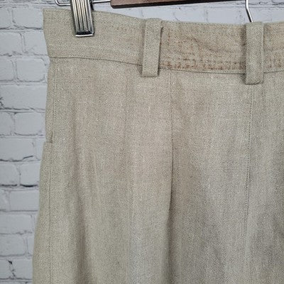 VTG British Khaki Beige 100% Linen Unlined Back Slit Pockets A Line Skirt Size 4