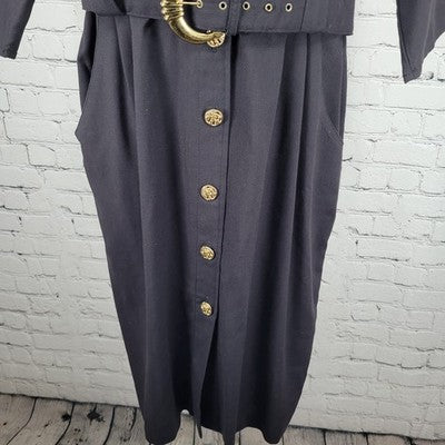 VTG Positive Influence Black Wool Blend Gold Buttoned Belted Midi Dress USA 16W