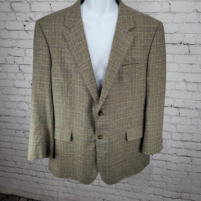 Jos A Bank Tan Silk & Wool Blend Houndstooth Notch Blazer Sport Coat Size 46R