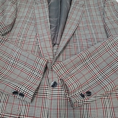 VTG Palm Beach Black White & Red Plaid 2 Button Sport Coat USA Made Size 38L