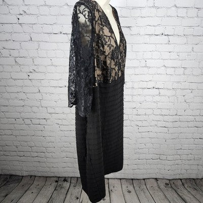 Adrianna Papell Black Lace Overlay Sheer 3/4 Sleeve V Neck Tiered Midi Dress 24W